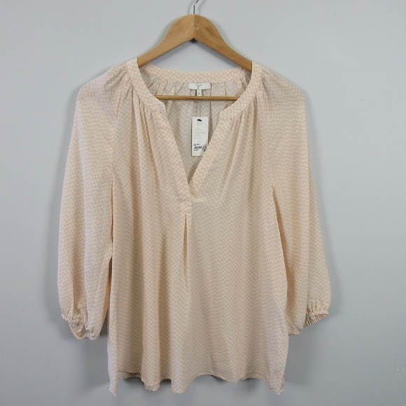 Joie 100% Silk Blouse Women M Peasant V Neck Dust Peach Geometric Boho 108 - Picture 6 of 10